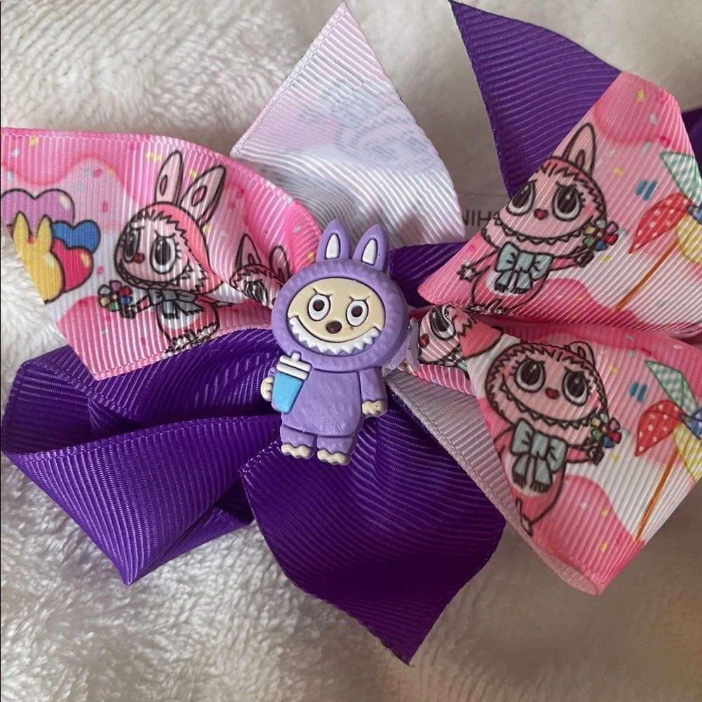 Purple and Pink Cartoon Labubu Monster Character set of two Hair Bows nwt